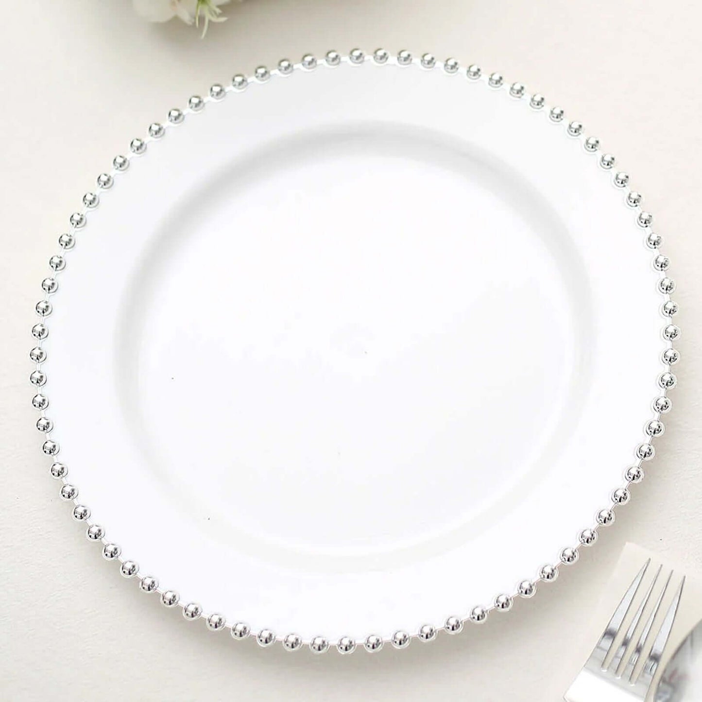 10-Pack Plastic 10" Round Dinner Plates in White with Silver Beaded Rim - Disposable Party Plates for Banquets & Festive Occasions