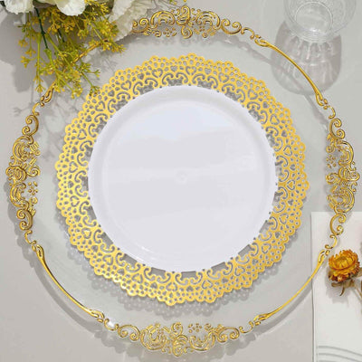 10-Pack Plastic 10" Round Dinner Plates in White with Gold Lace Rim - Disposable Party Plates for Classy Events & Banquets