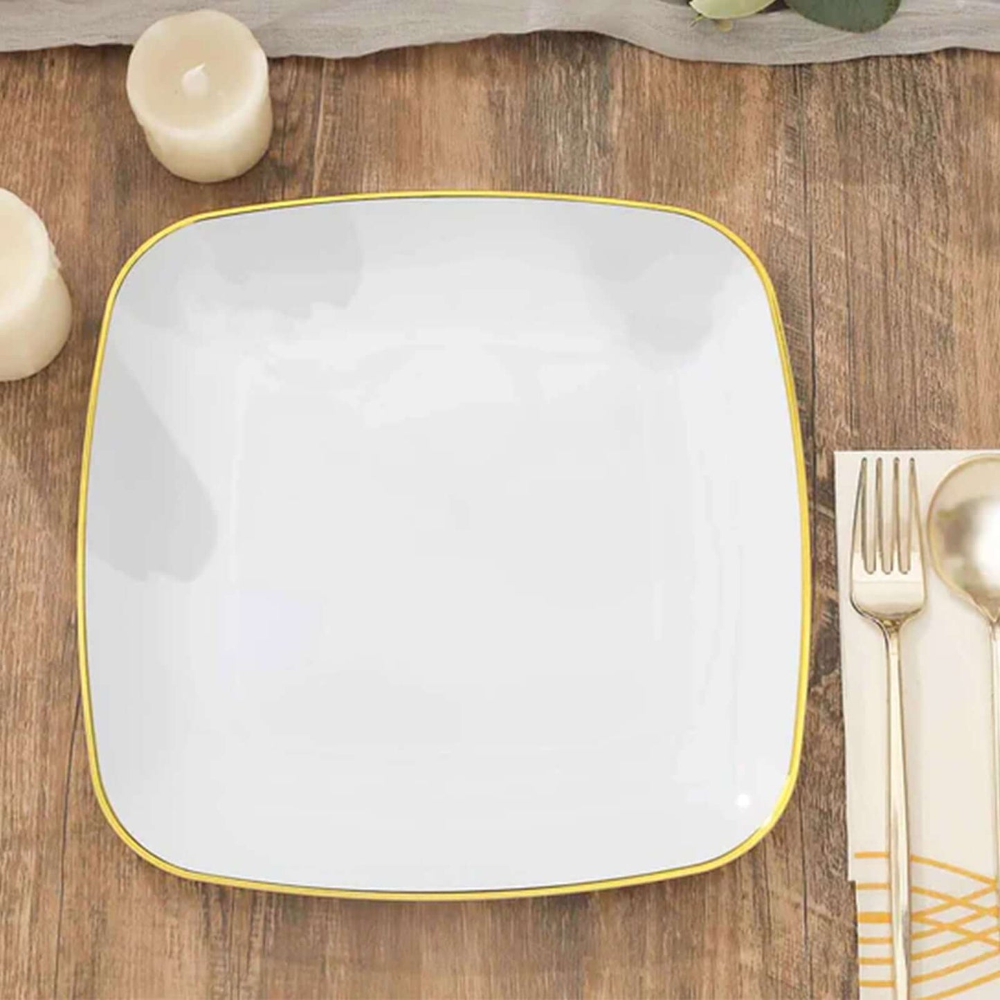 10-Pack Plastic 10" Square Dinner Plates in White with Gold Rim - Classy Disposable Lunch Party Plates for Weddings & Special Events