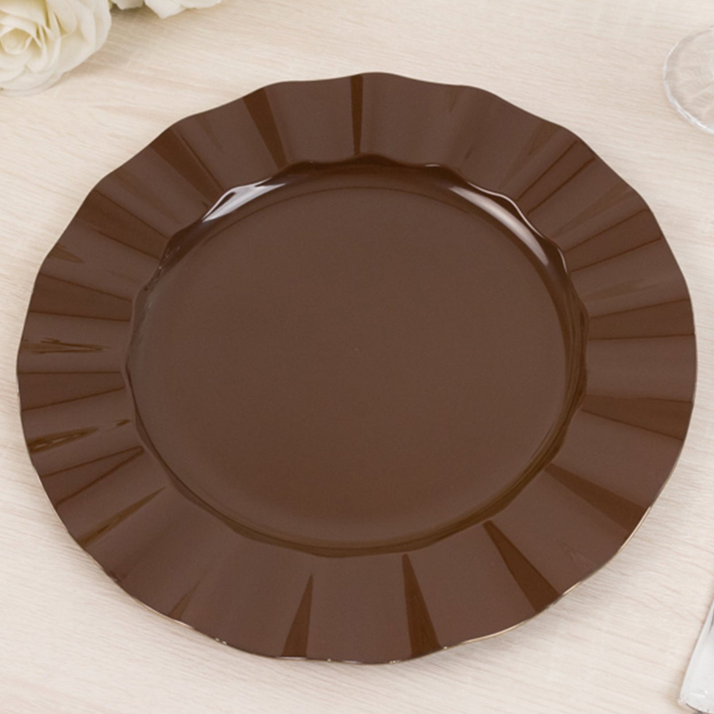 10-Pack Plastic 11" Round Dinner Plates in Cinnamon Brown Ruffled Rim with Gold Edging - Sturdy Disposable Dinnerware