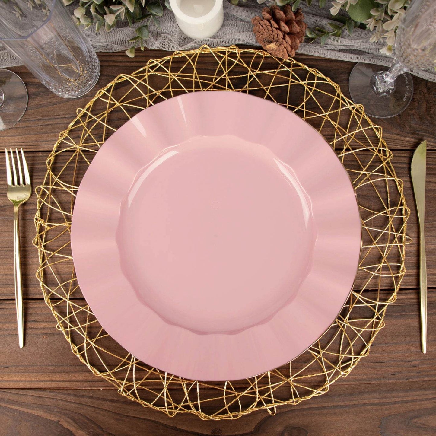 10-Pack Plastic 11" Round Dinner Plates in Dusty Rose Ruffled Rim with Gold Edging - Sturdy Disposable Dinnerware