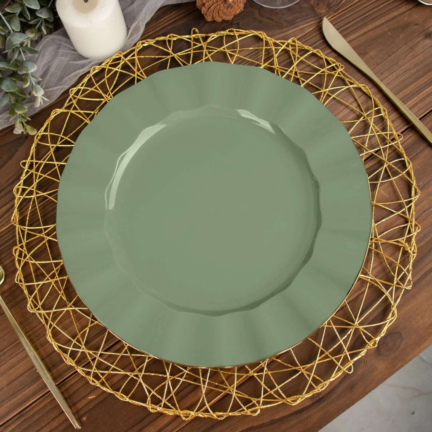 10-Pack Plastic 11" Round Dinner Plates in Dusty Sage Green Ruffled Rim with Gold Edging - Sturdy Disposable Dinnerware