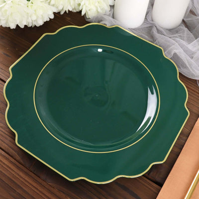 10-Pack Plastic Dinner Plates in Hunter Emerald Green Baroque Design with Scalloped Gold Rim - Heavy Duty Disposable Party Plates 11"