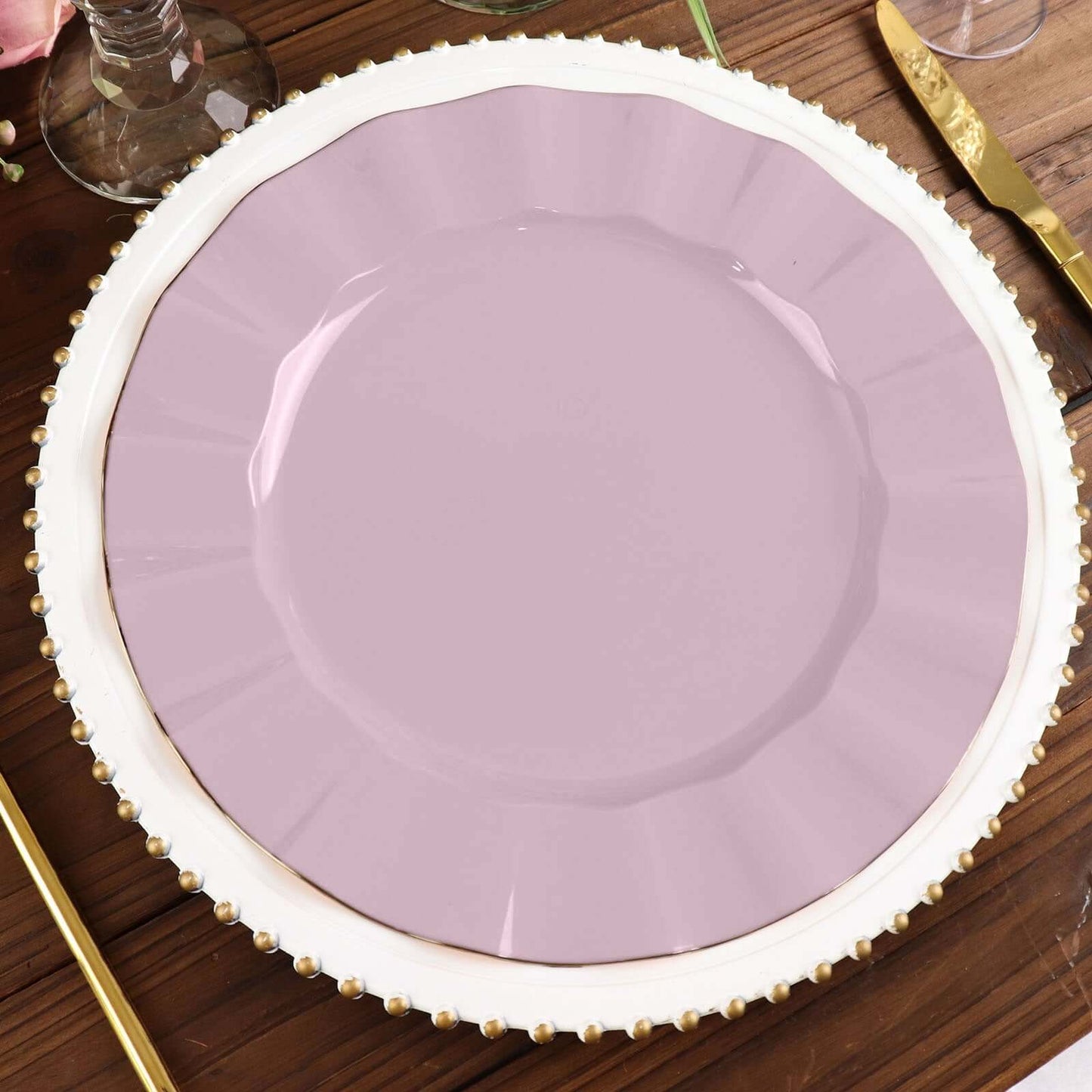 10-Pack Plastic 11" Round Dinner Plates in Lavender Lilac Ruffled Rim with Gold Edging - Sturdy Disposable Dinnerware