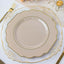 10-Pack Plastic Dinner Plates in Taupe Baroque Design with Scalloped Gold Rim - Heavy Duty Disposable Party Plates 11"