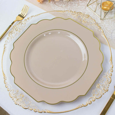 10-Pack Plastic Dinner Plates in Taupe Baroque Design with Scalloped Gold Rim - Heavy Duty Disposable Party Plates 11"