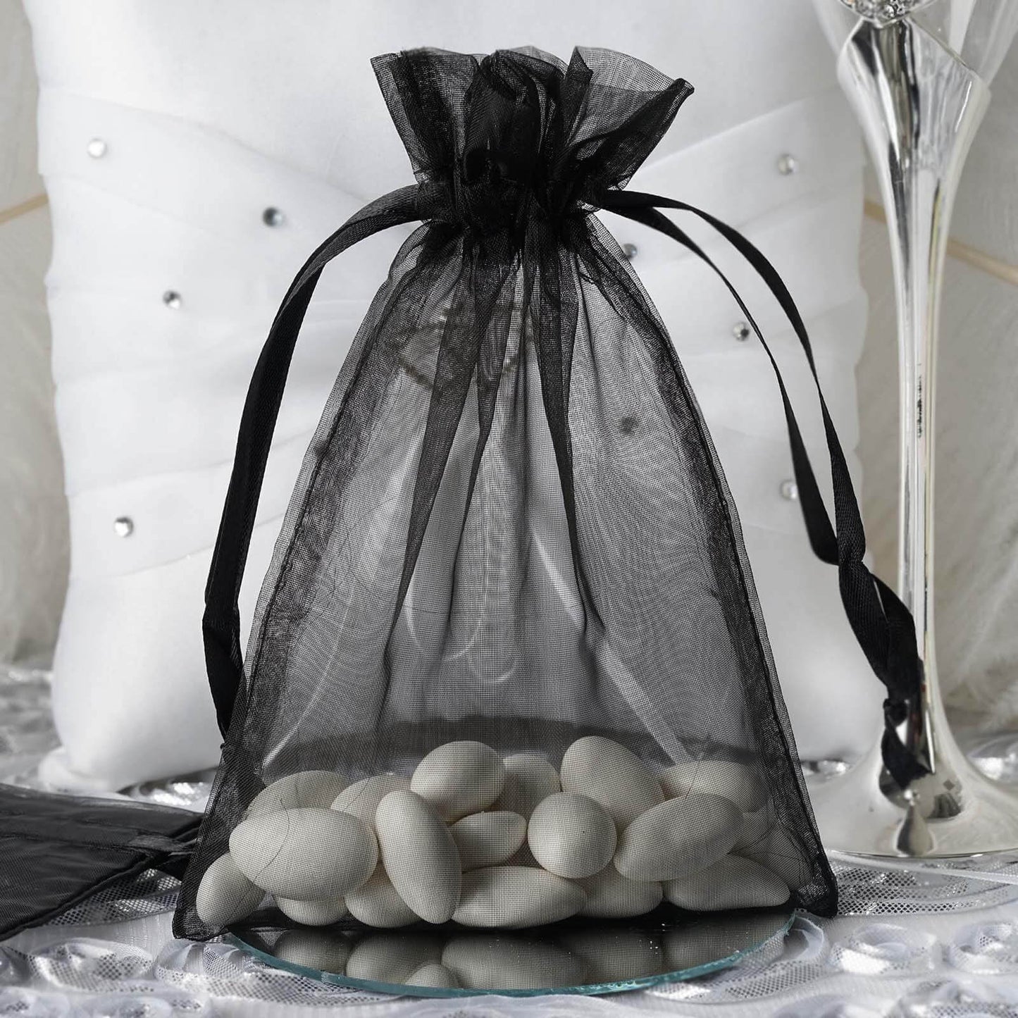 10 Pack 5"x7" Black Organza Drawstring Wedding Party Favor Gift Bags