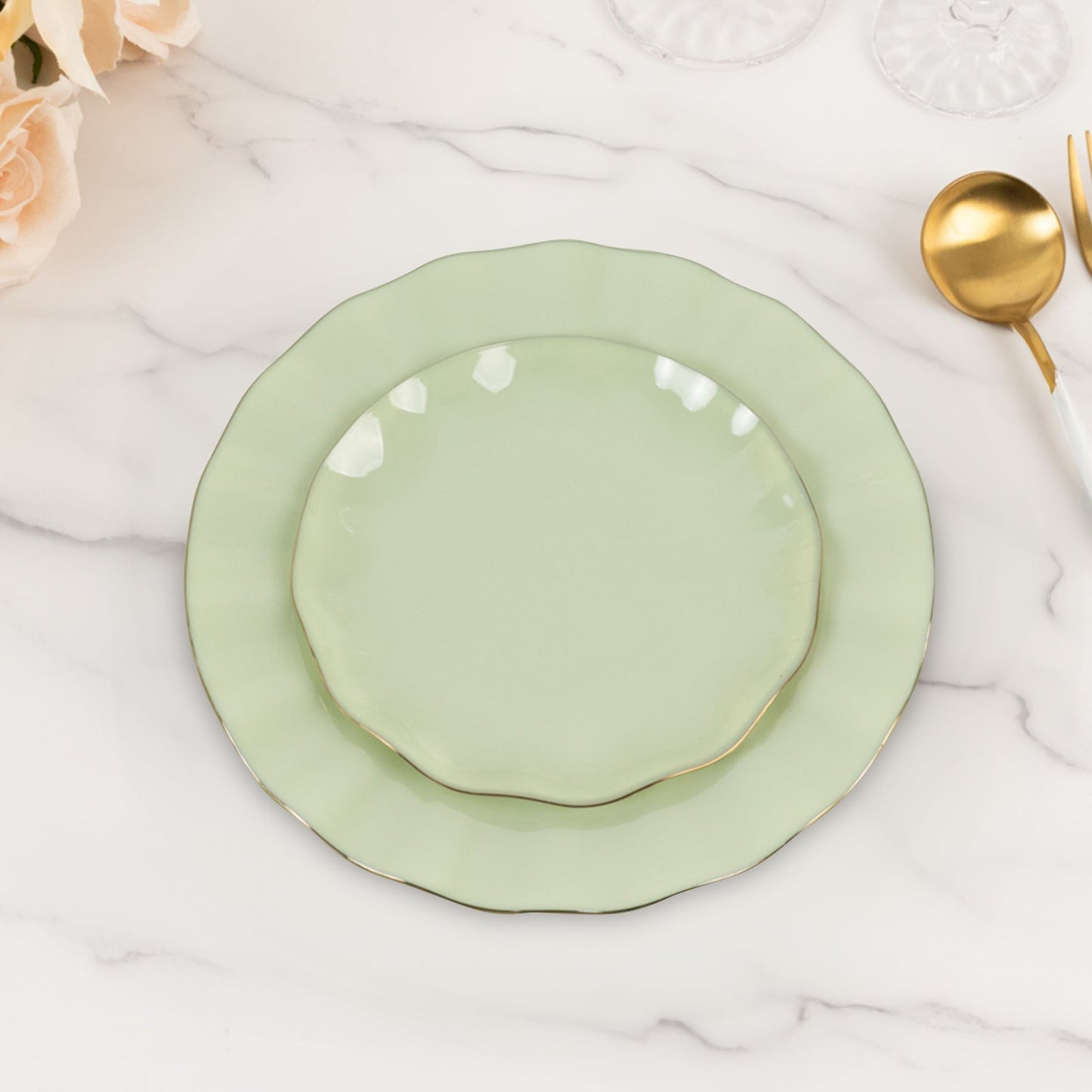 10-Pack Plastic Round 6" Dessert Plates in Sage Green Ruffled Rim with Gold Edging - Sturdy Disposable Salad Appetizer Dinnerware