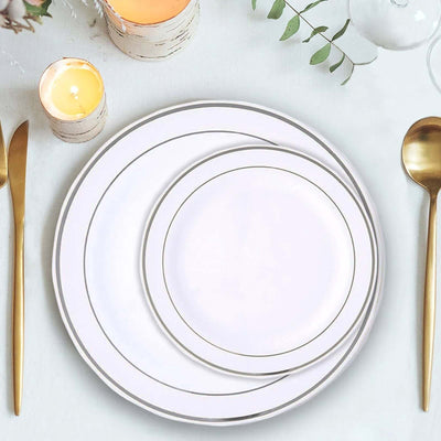 10-Pack Plastic Dessert Plates White with TrÃ¨s Chic Silver Rim - Disposable Plates for Appetizers 6"
