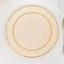 10-Pack Plastic 7.5" Round Salad Dessert Plates in Ivory with Gold Flair Rim - Disposable Party Plates