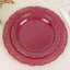 10-Pack Plastic 7" Round Dessert Plates in Burgundy with Gold Vintage Embossed Rim - Sturdy Disposable Scalloped Edge Salad Plates