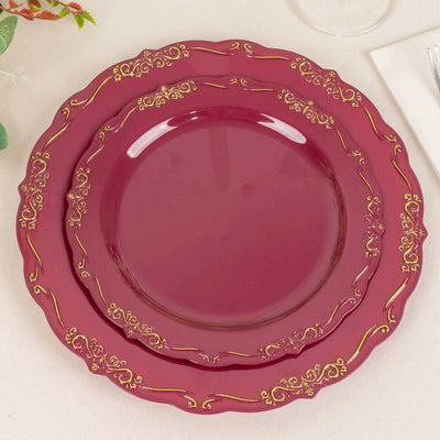 10-Pack Plastic 7" Round Dessert Plates in Burgundy with Gold Vintage Embossed Rim - Sturdy Disposable Scalloped Edge Salad Plates