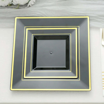 10-Pack Plastic Salad Dessert Plates Black Square with Gold Trim - Durable Disposable Appetizer Plates 7"