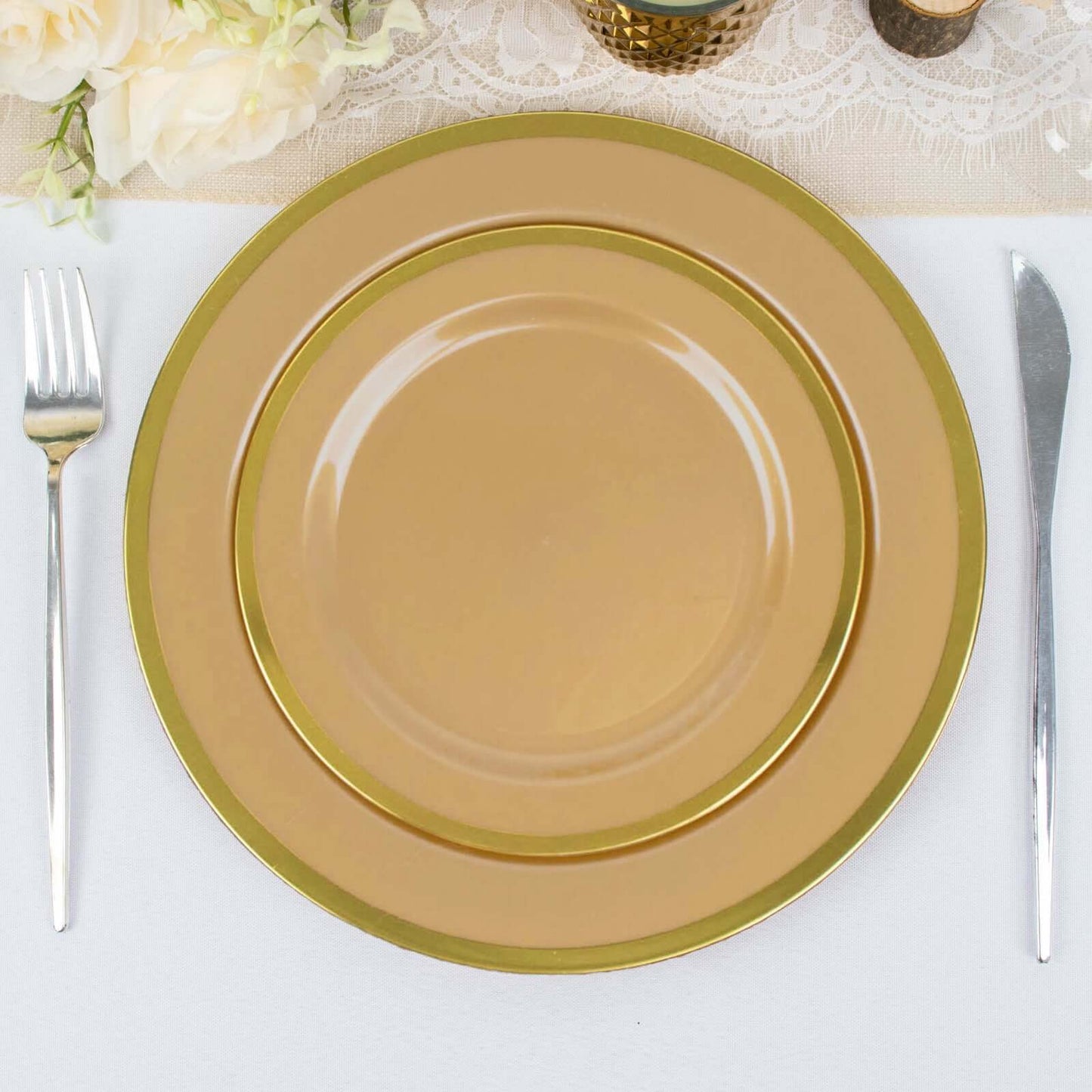 10-Pack Plastic 7" Round Appetizer Plates in Gold - Sleek Disposable Salad Plates for Banquets & Special Occasions