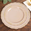 10-Pack Plastic 7" Round Dessert Plates in Taupe with Gold Vintage Embossed Rim - Sturdy Disposable Scalloped Edge Salad Plates