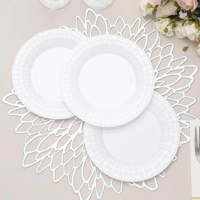 10 Pack 7" White Basketweave Rim Plastic Salad Dessert Plates, Round Disposable Appetizer Plates