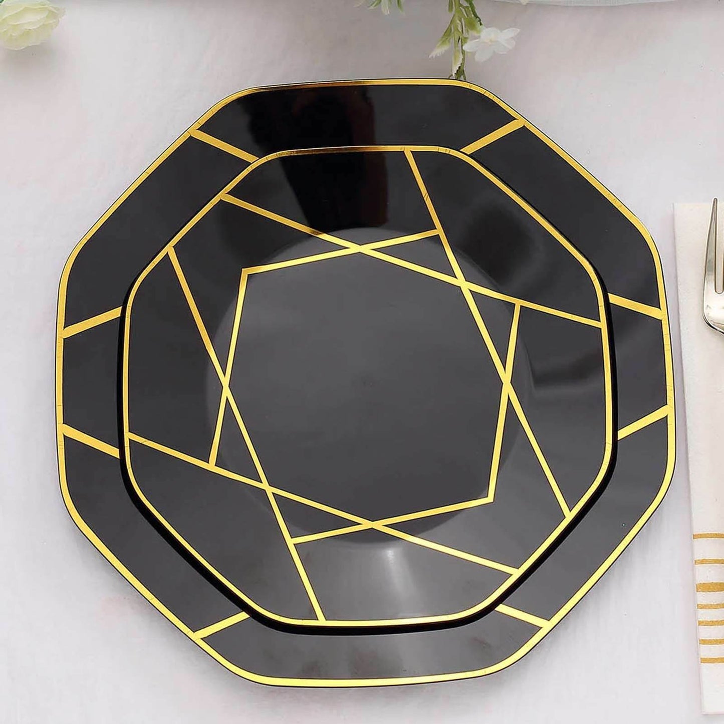 10-Pack Plastic 8" Octagon Dessert Plates in Black - Modern Disposable Salad/Appetizer Plates with Gold Geometric Design for Special Occasions & Celebrations