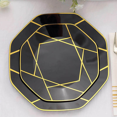 10-Pack Plastic 8" Octagon Dessert Plates in Black - Modern Disposable Salad/Appetizer Plates with Gold Geometric Design for Special Occasions & Celebrations