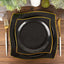 10-Pack Plastic 8" Square Dessert Plates in Black with Gold Wavy Rim Modern - Disposable Salad Appetizer Party Plates