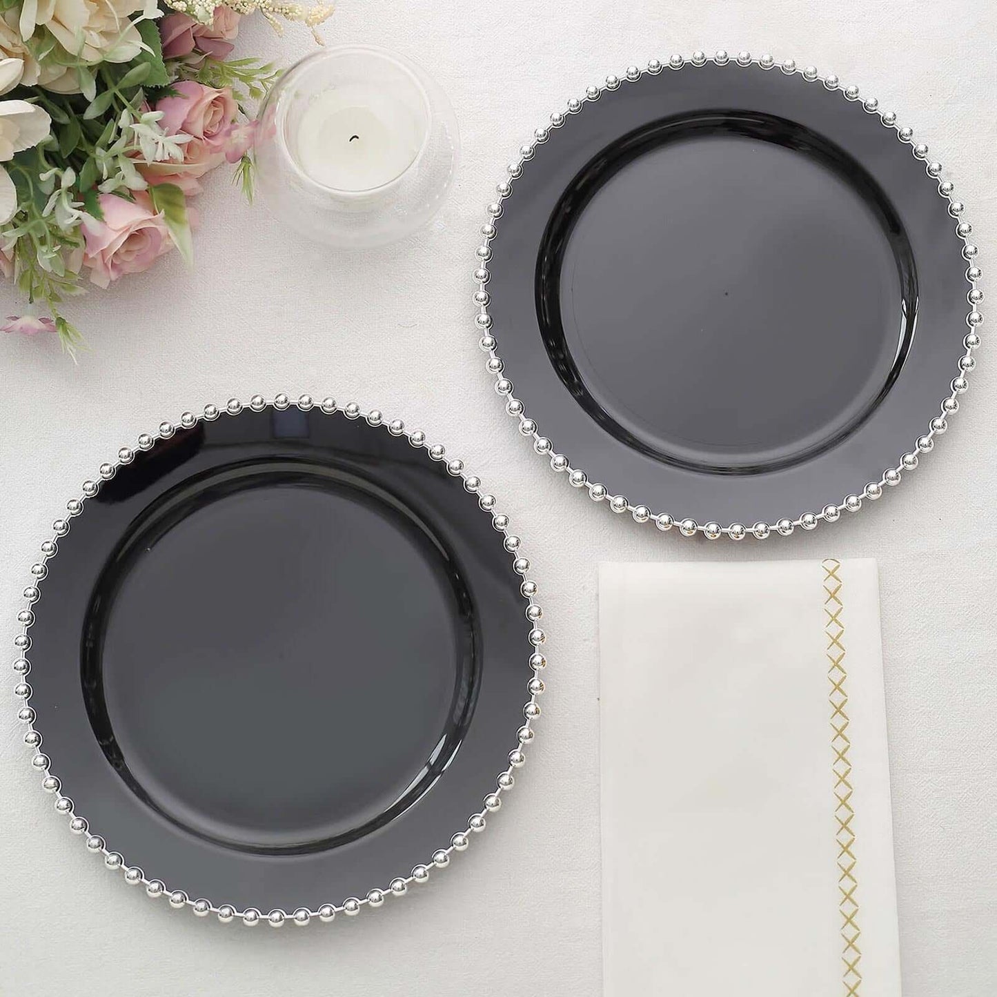 10-Pack Black Plastic Dessert Plates â€“ 8" Round with Silver Beaded Rim, Disposable for Parties & Events