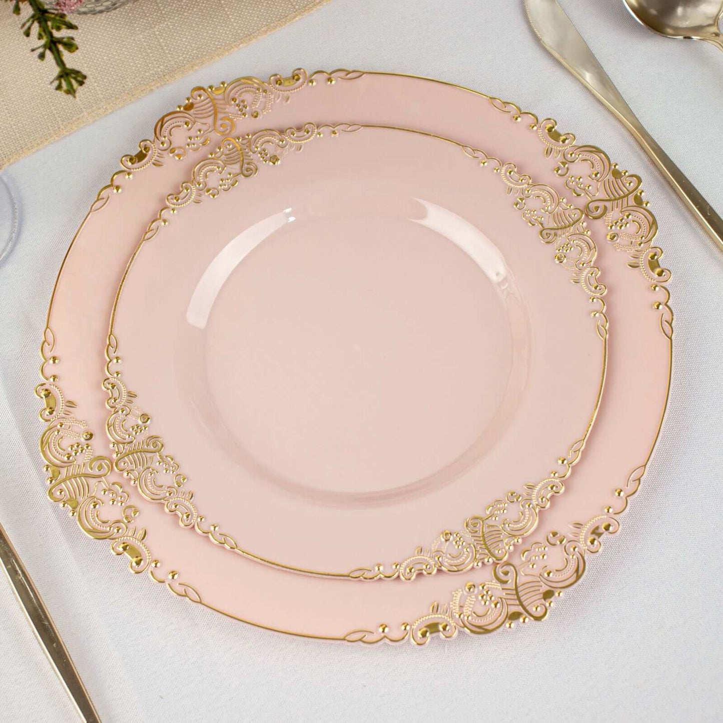 10-Pack Plastic 8" Round Dessert Plates in Blush with Gold Leaf Embossed Rim - Disposable Vintage Baroque Style Salad Plates