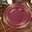 10-Pack Plastic 8" Round Dessert Plates in Burgundy with Gold Leaf Embossed Rim for Gatherings & Events