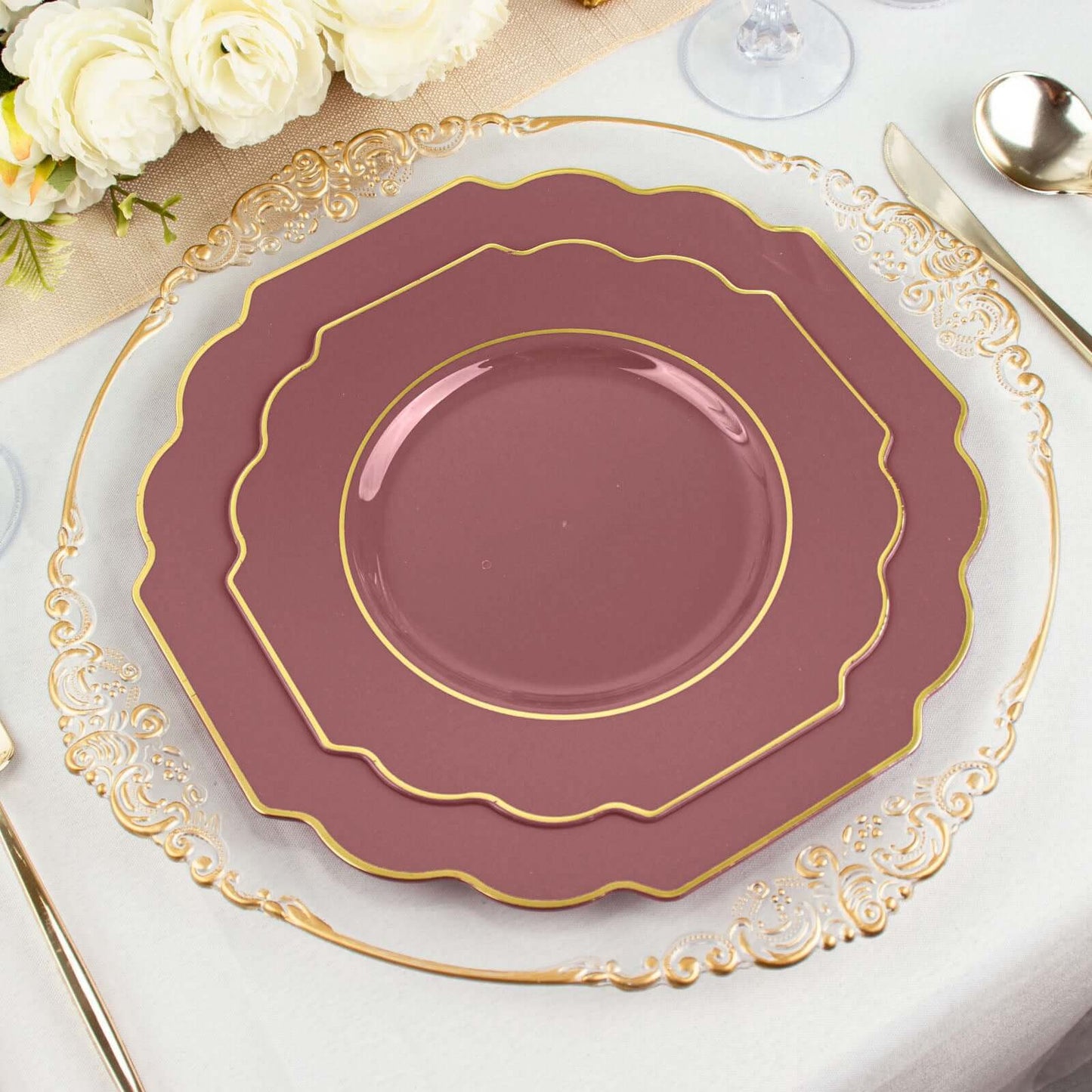 10-Pack Plastic Dessert Appetizer Plates in Cinnamon Rose Baroque Design with Scalloped Gold Rim - Heavy Duty Disposable Salad Plates 8"