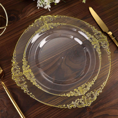 10-Pack Plastic 8" Round Dessert Plates in Clear with Gold Leaf Embossed Rim - Disposable Vintage Baroque Style Salad Plates