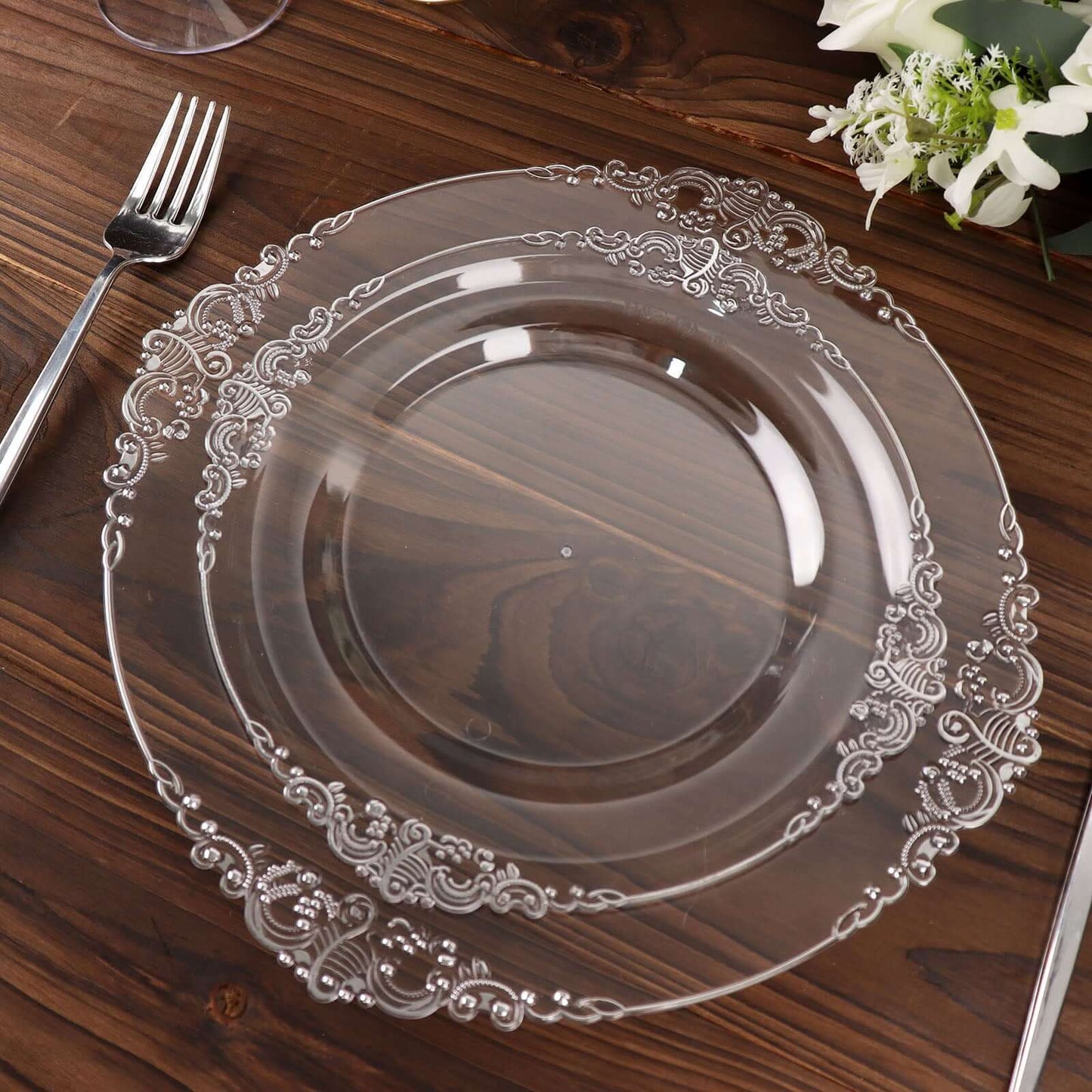 10-Pack Plastic 8" Round Dessert Plates in Clear with Silver Leaf Embossed Rim - Disposable Vintage Baroque Style Salad Plates