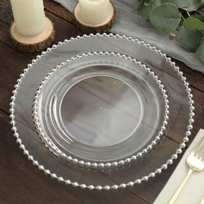 10-Pack Clear Plastic Dessert Plates â€“ 8" Round with Silver Beaded Rim, Disposable for Parties & Events