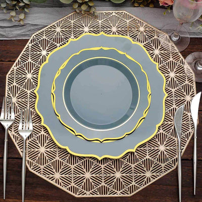10-Pack Plastic 8" Round Dessert Plates in Dusty Blue with Gold Scalloped Rim - Disposable Appetizer/Salad Plates