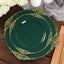 10-Pack Plastic 8" Round Dessert Plates in Hunter Emerald Green with Gold Leaf Embossed Rim - Disposable Vintage Baroque Style Salad Plates