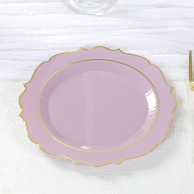 10-Pack Plastic 8" Round Dessert Plates in Lavender Lilac with Gold Scalloped Rim - Disposable Appetizer/Salad Plates