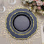 10-Pack Plastic 8" Round Dessert Plates in Navy Blue with Gold Scalloped Rim - Disposable Appetizer/Salad Plates