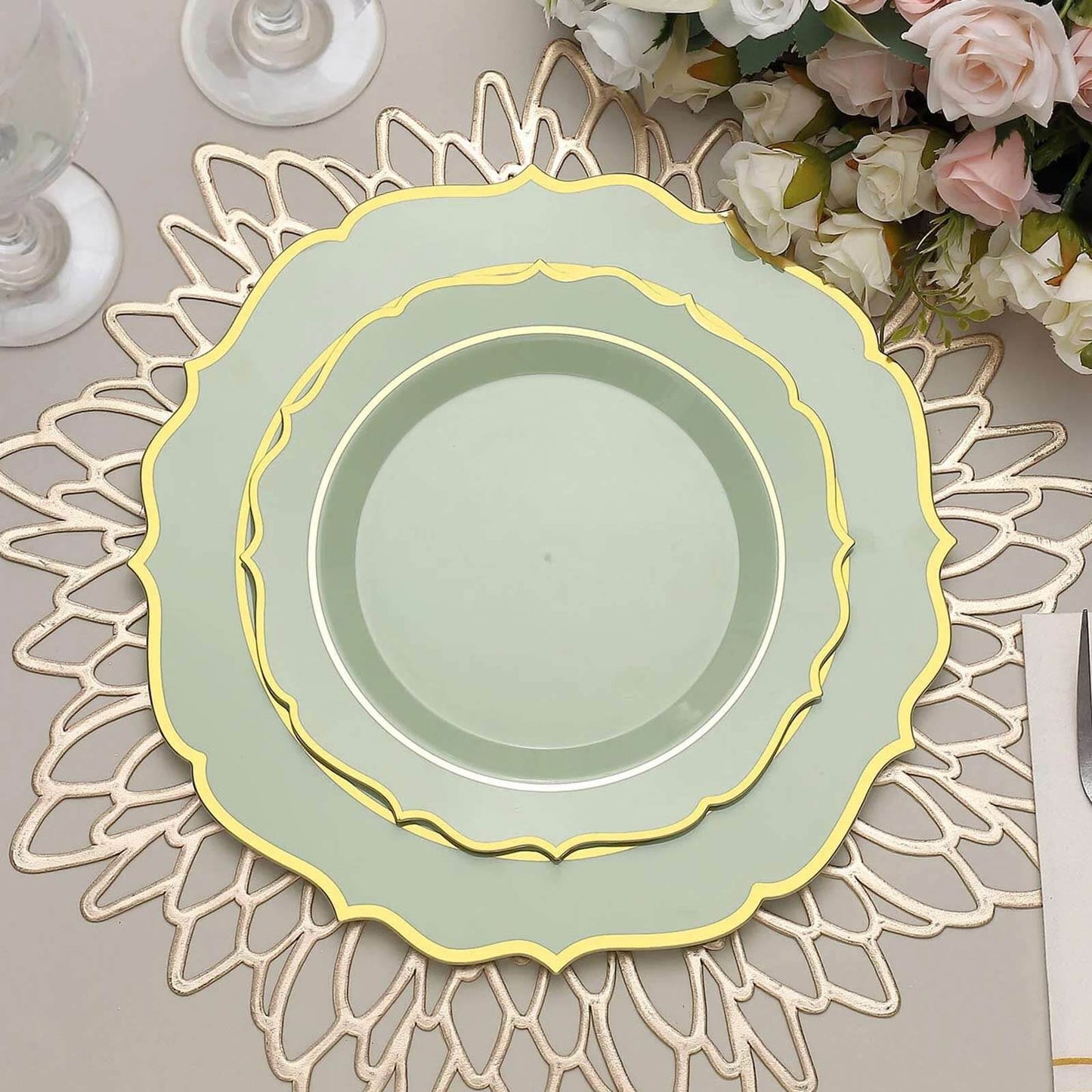 10-Pack Plastic 8" Round Dessert Plates in Sage Green with Gold Scalloped Rim - Disposable Appetizer/Salad Plates