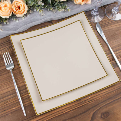 10-Pack Plastic 8" Square Dessert Plates in Taupe Concave Style with Gold Rim - Modern Disposable Salad Appetizer Party Plates