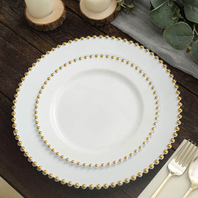10-Pack White Plastic Dessert Plates â€“ 8" Round with Gold Beaded Rim, Disposable for Parties & Events