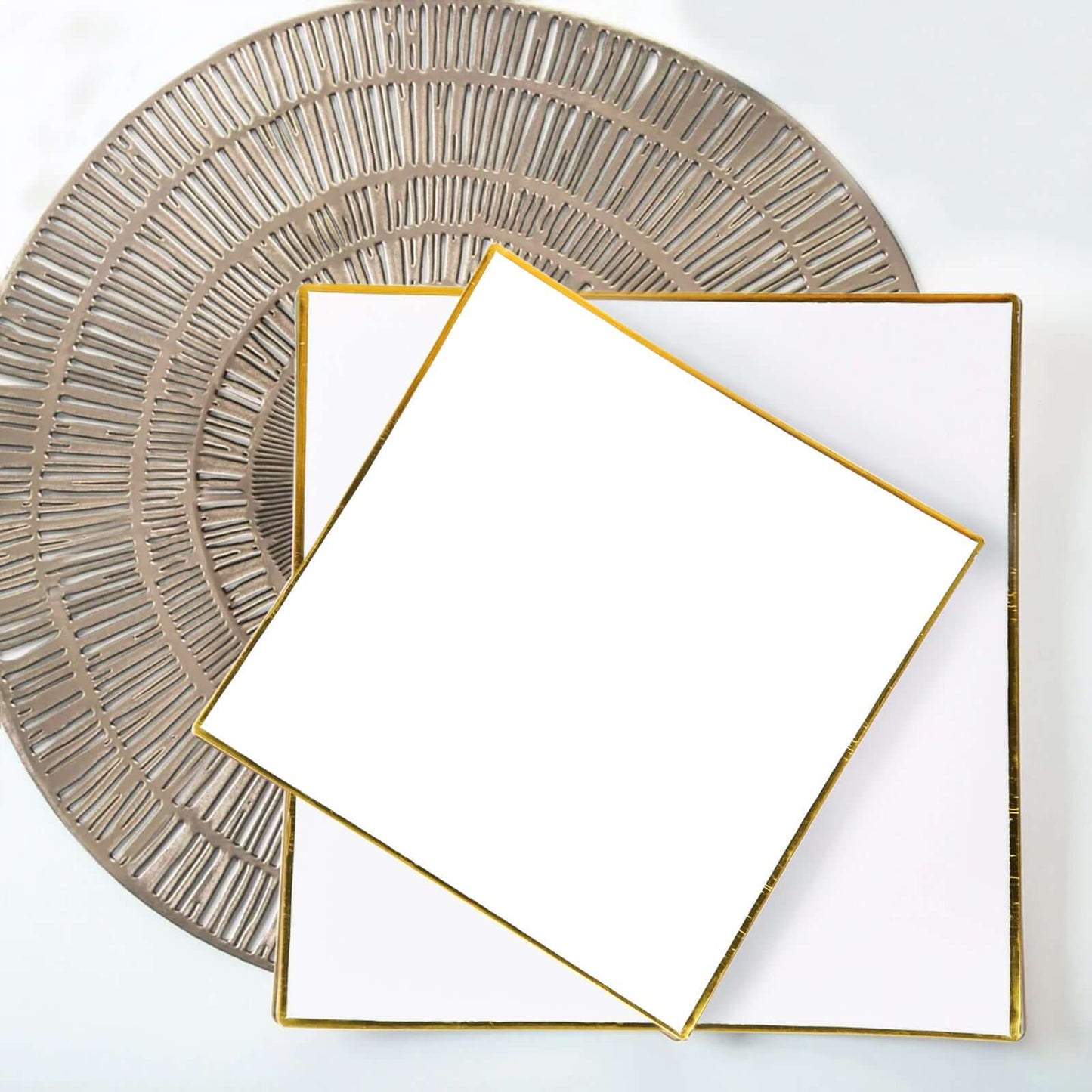 10-Pack Plastic 8" Square Dessert Plates in White Concave Style with Gold Rim - Modern Disposable Salad Appetizer Party Plates for Weddings & Special Events