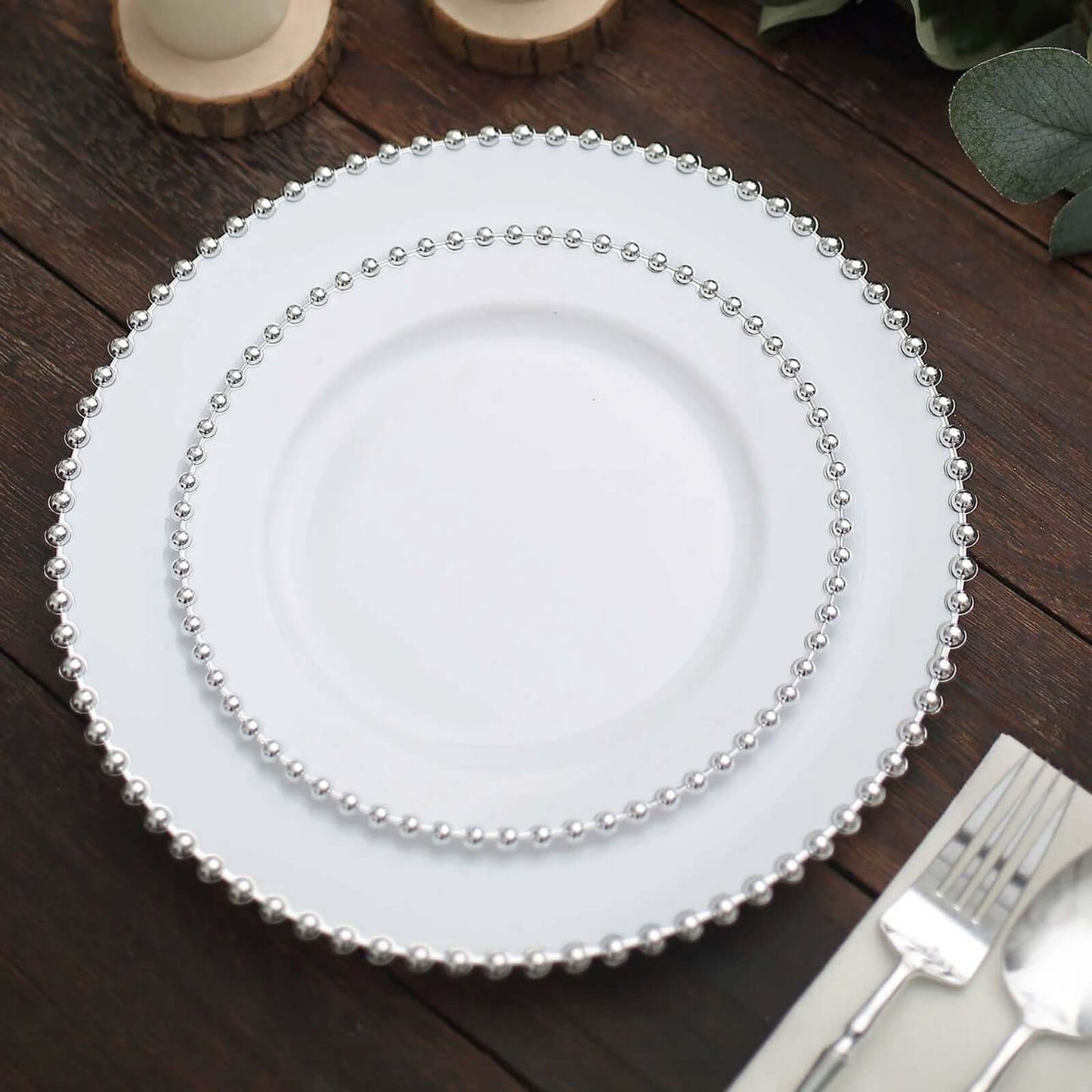 10-Pack White Plastic Dessert Plates â€“ 8" Round with Silver Beaded Rim, Disposable for Parties & Events
