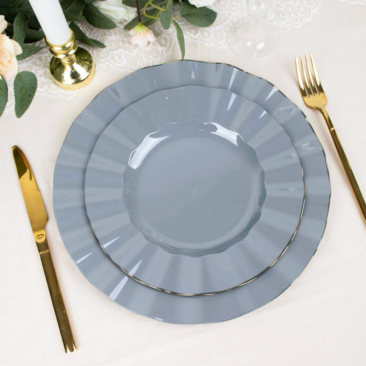10-Pack Plastic 9" Round Dinner Plates in Dusty Blue Ruffled Rim with Gold Edging - Sturdy Disposable Dinnerware