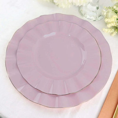 10-Pack Plastic 9" Round Dinner Plates in Lavender Lilac Ruffled Rim with Gold Edging - Sturdy Disposable Dinnerware