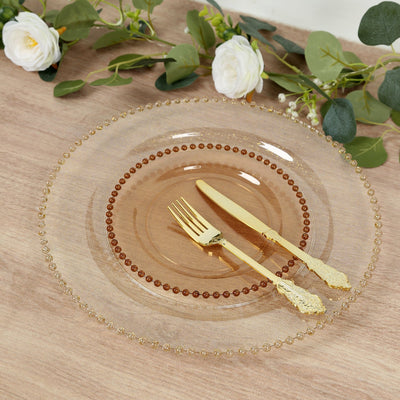 10-Pack Amber Gold Plastic Dessert Plates â€“ 8’’ Round with Beaded Rim Disposable for Parties & Events - Plates