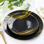 10-Pack Plastic 7" Round Dessert Plates in Black with Gold Brush Stroked Print - Disposable Appetizer Salad Plates for Modern Themed Events & Banquets