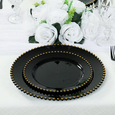10-Pack Black Plastic Dessert Plates â€“ 8’’ Round with Gold Beaded Rim Disposable for Parties & Events - Plates
