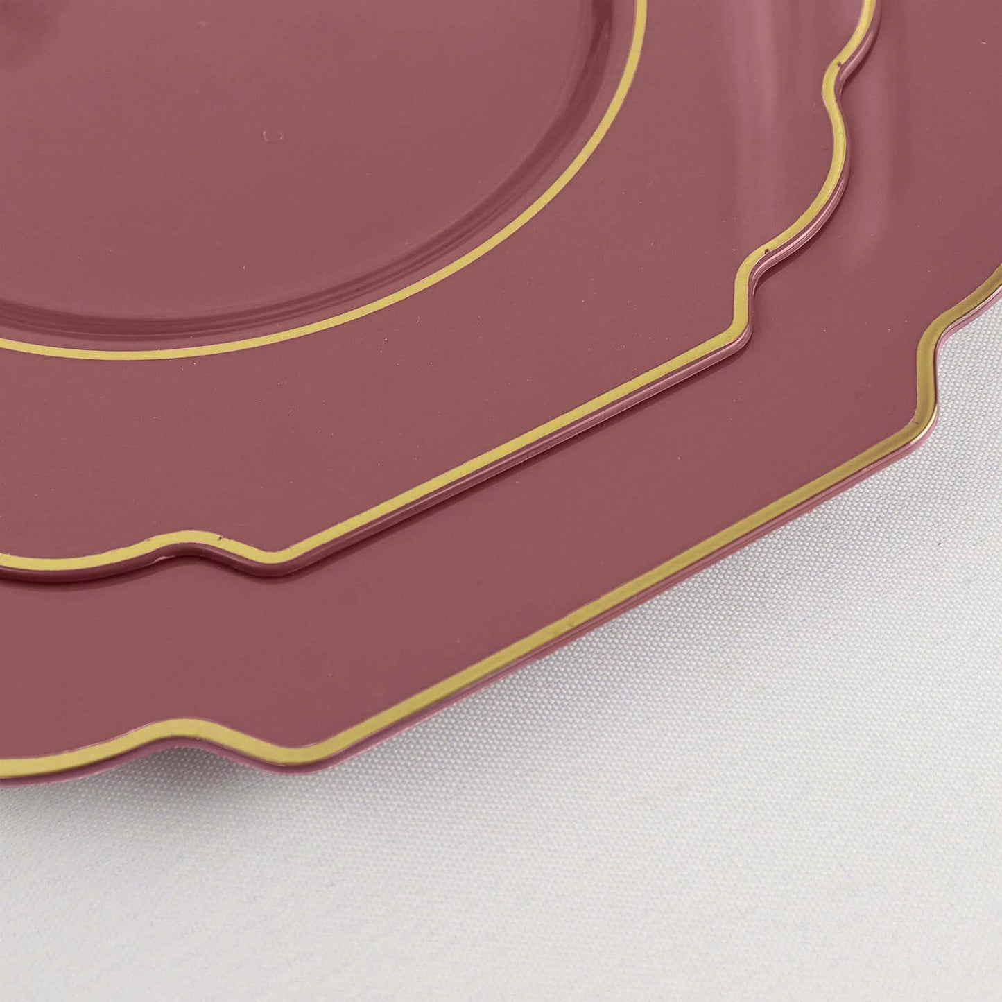 10-Pack Plastic Dessert Appetizer Plates in Cinnamon Rose Baroque Design with Scalloped Gold Rim - Heavy Duty Disposable Salad Plates 8"