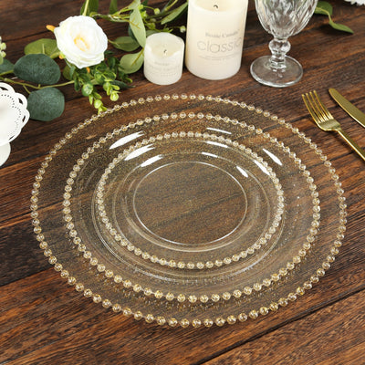 10-Pack Clear Gold Glittered Plastic Dessert Plates â€“ 8’’ Round with Beaded Rim Disposable for Parties & Events