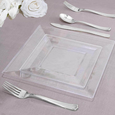 10 - Pack Dessert Plates Square Design with Wide Rim Glossy Clear - Plastic Disposable Plates for Events 6" - Linen Luxes