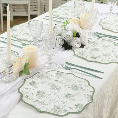 10 Pack Disposable Charger Plates White with Sage Green French Toile Pattern 13’’ Cardboard Paper Placemats