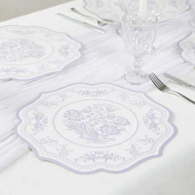10-Pack Disposable Table Placemats 13’’ Round Placemats in White with Lavender Damask Floral Pattern & Scalloped Rim