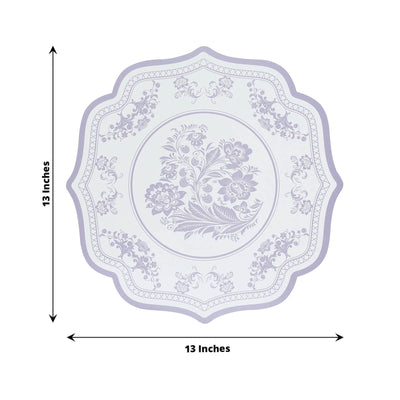 10-Pack Disposable Table Placemats 13’’ Round Placemats in White with Lavender Damask Floral Pattern & Scalloped Rim